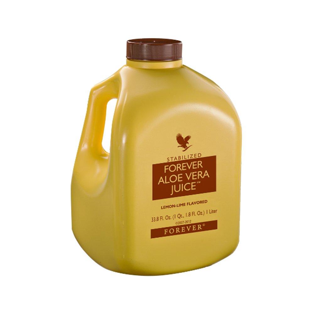 Yellow jug of Forever Aloe Vera Juice with brown label on a white background
