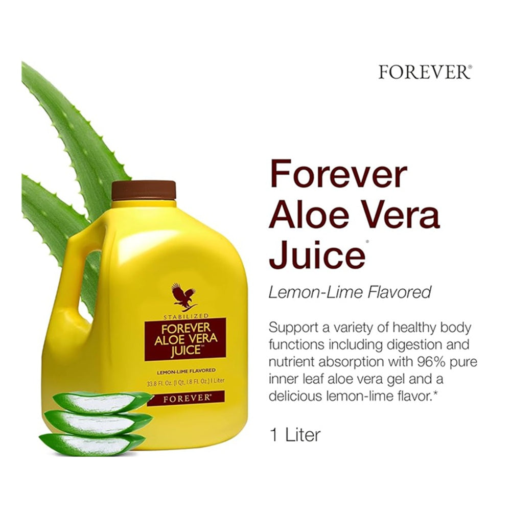 Yellow container of Forever Aloe Vera Juice with aloe vera leaves on a white background