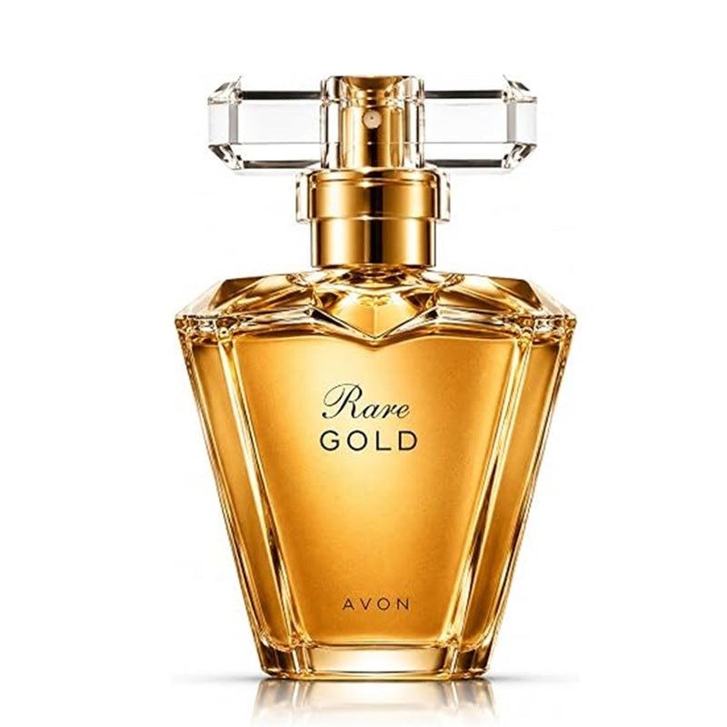 A bottle of Avon Rare Gold perfume, featuring a faceted clear glass bottle filled with golden-amber liquid, topped with a gold atomizer and a clear geometric cap, set against a plain white background.