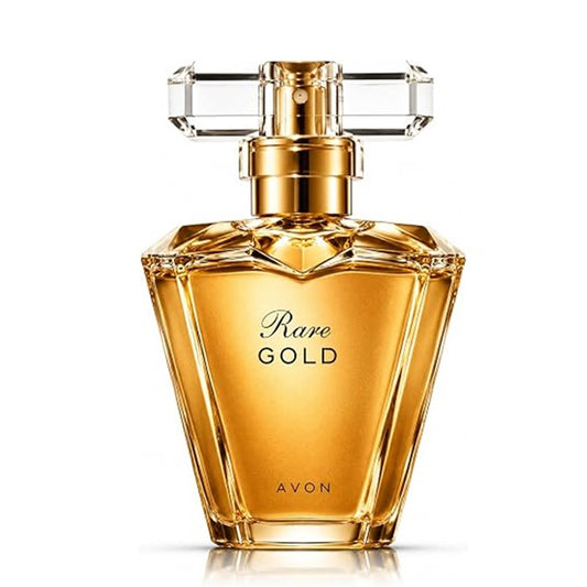 A bottle of Avon Rare Gold perfume, featuring a faceted clear glass bottle filled with golden-amber liquid, topped with a gold atomizer and a clear geometric cap, set against a plain white background.