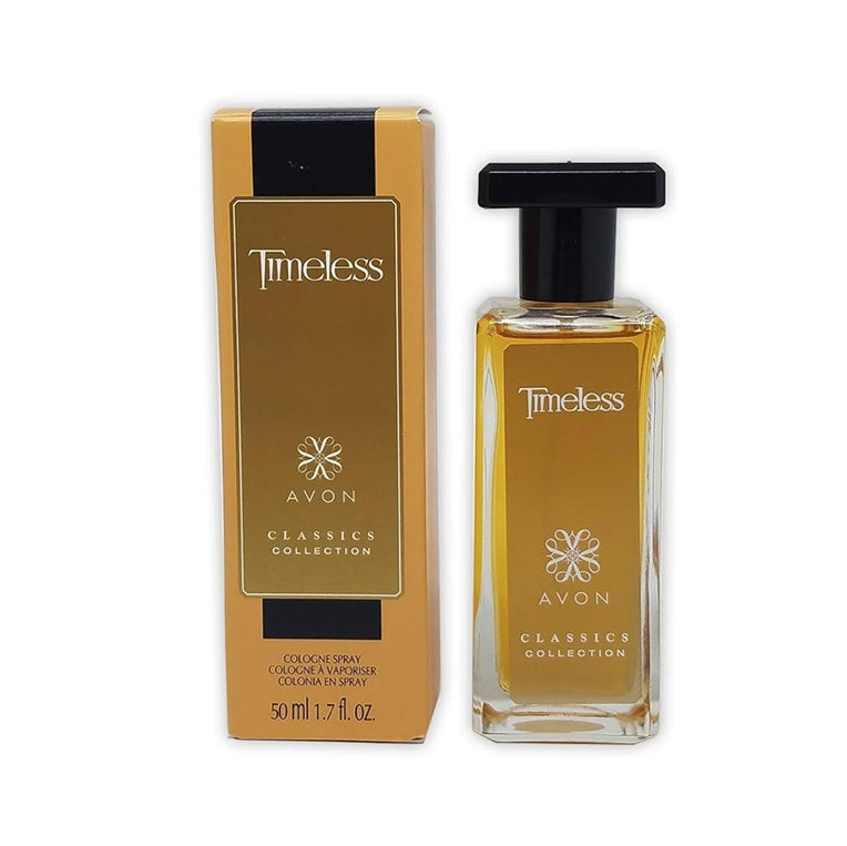 Avon Classics Collection Timeless cologne spray bottle and its matching gold and black packaging box, shown on a plain white background.
