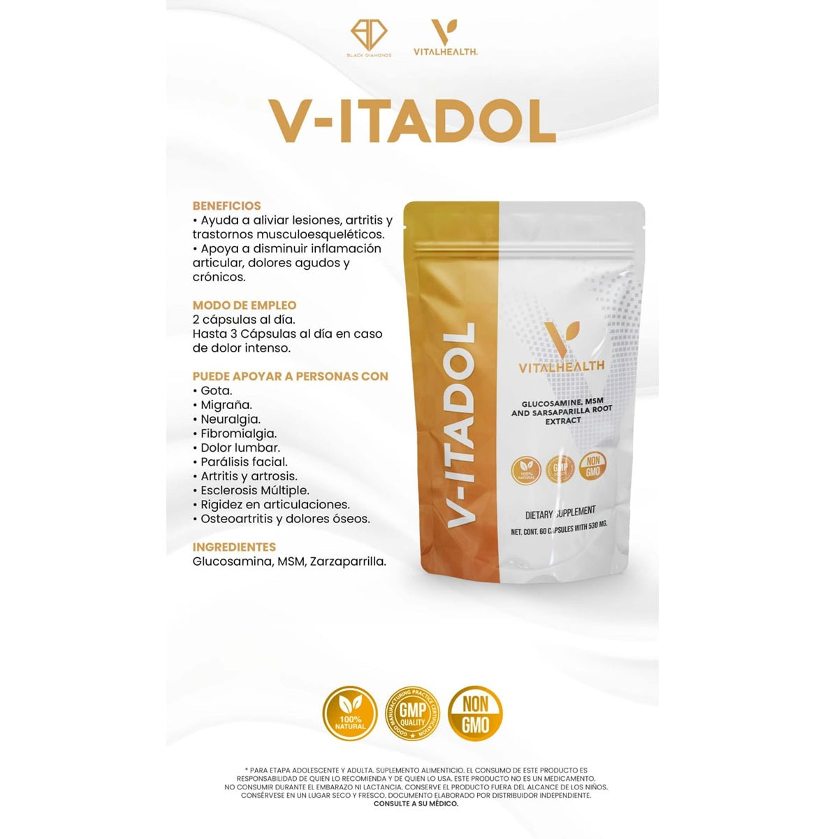 Packaging of V-ITADOL supplement by VitalHealth, displaying product information and ingredients.