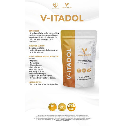 Packaging of V-ITADOL supplement by VitalHealth, displaying product information and ingredients.