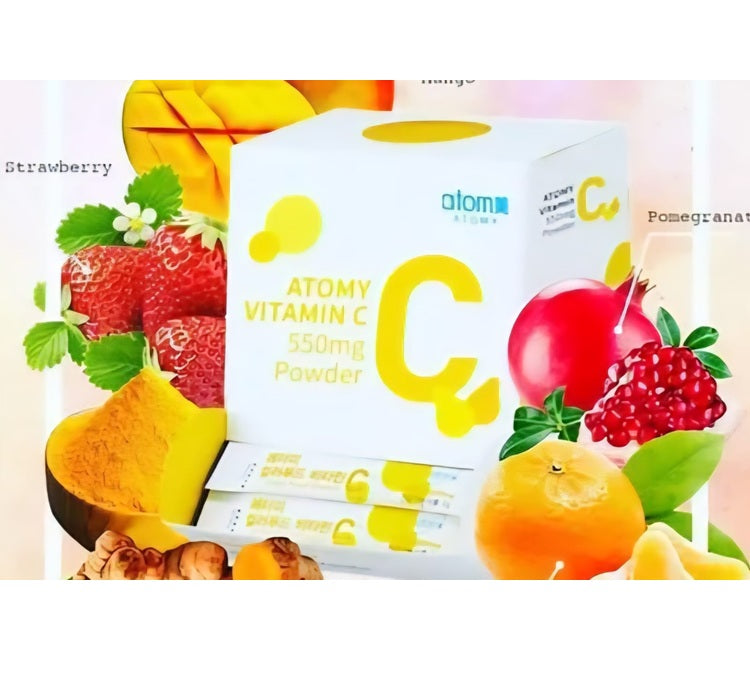 Atomy Vitamin C powder packaging with fruit illustrations on a colorful background