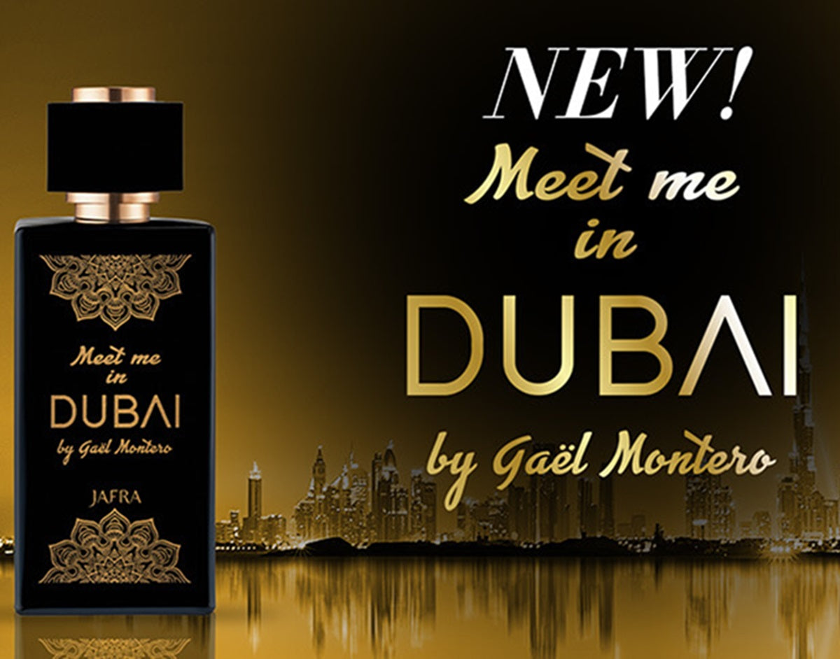 Perfume bottle labeled 'Meet me in Dubai' with cityscape background