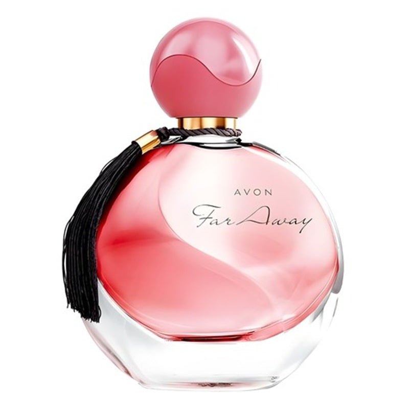 Avon Far Away Eau de Parfum bottle with a pink spherical cap, a black tassel, and a clear faceted glass body on a white background.