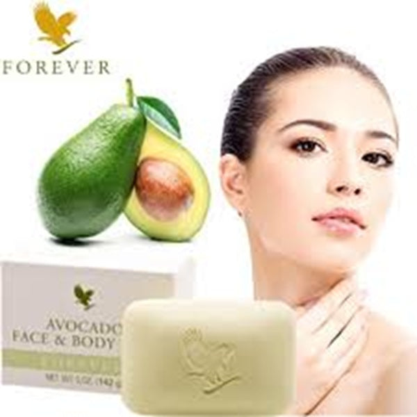 Avocado face and body soap with a woman and avocado on a white background, featuring the Forever Living Products logo.
