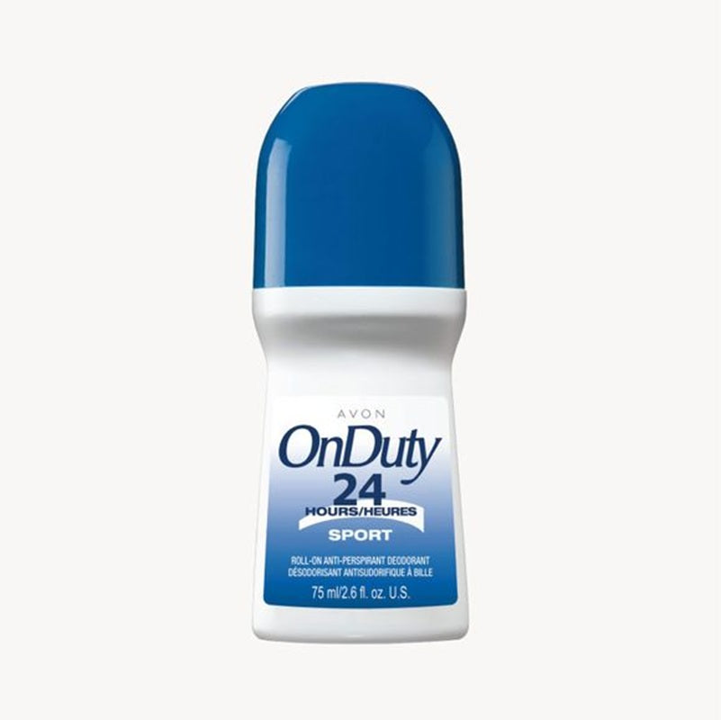 A single bottle of Avon OnDuty 24 Hours Sports roll-on deodorant against a plain light gray background.