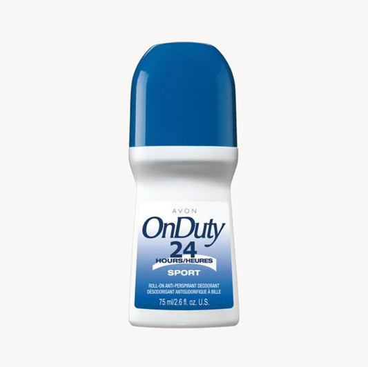 A single bottle of Avon OnDuty 24 Hours Sports roll-on deodorant against a plain light gray background.