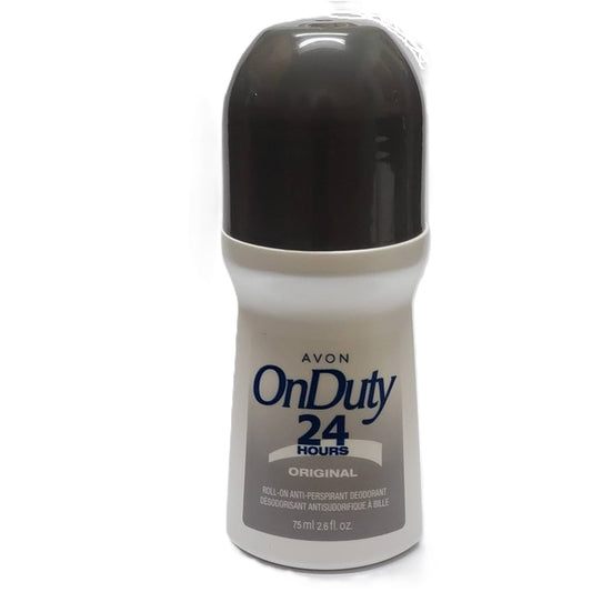 A single roll-on deodorant bottle from Avon OnDuty 24 Hours Original, featuring a white body, a dark gray cap, and blue and gray text on the front label, set against a plain white background.
