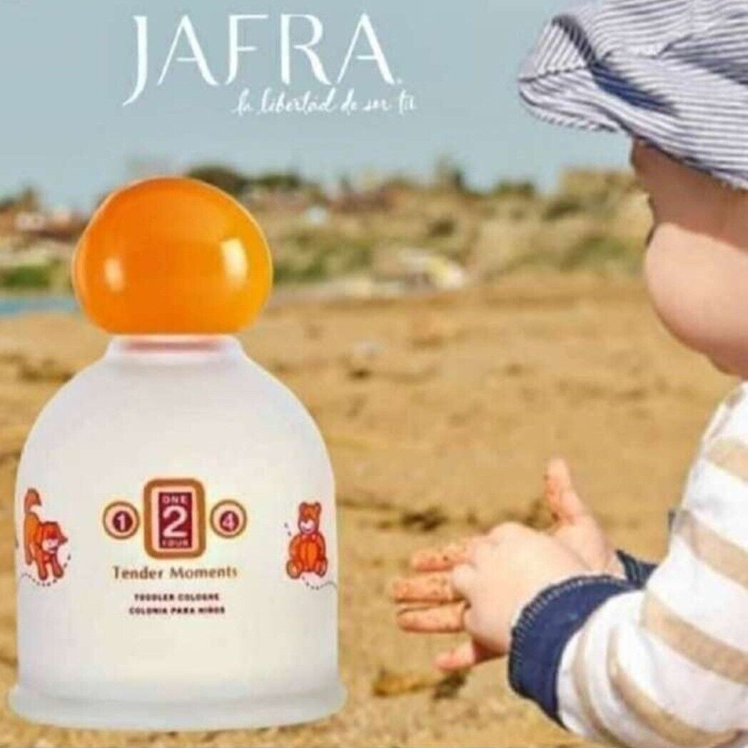 JAFRA cologne bottle with child on beach